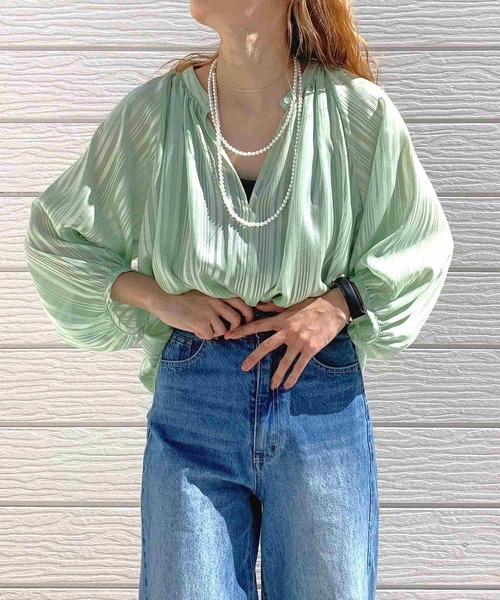 Q(キュー)の「ラメストライプエアシャインブラウス(シャツ/ブラウス・レディース・ミント/ブラック/アイボリー・MEDIUM)」の1枚目の写真