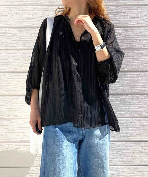 Q(キュー)の「ラメストライプエアシャインブラウス(シャツ/ブラウス・レディース・ミント/ブラック/アイボリー・MEDIUM)」の9枚目の写真