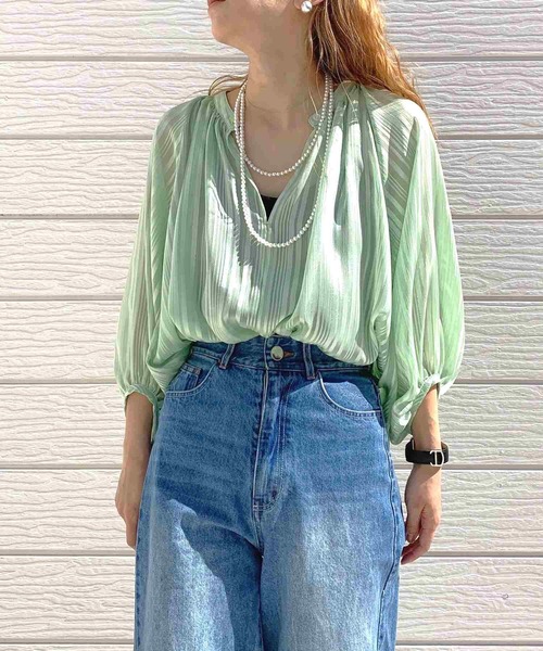 Q(キュー)の「ラメストライプエアシャインブラウス(シャツ/ブラウス・レディース・ミント/ブラック/アイボリー・MEDIUM)」の11枚目の写真