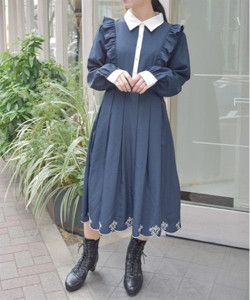 セール】スカラップ刺繍バイカラーワンピース（ワンピース