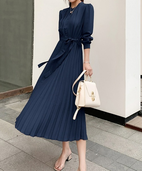 ウエストリボン パーティードレス Aラインミモレ丈 ロングプリーツ