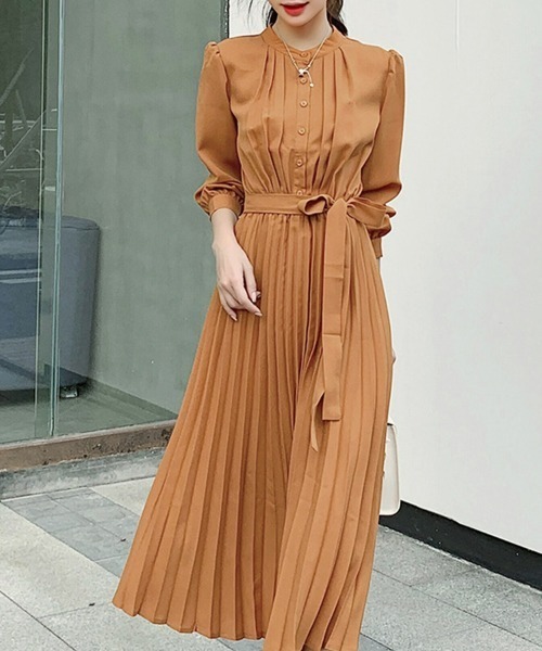 SEU（エスイーユー）の「ウエストリボン パーティードレス Aラインミモレ丈 ロングプリーツワンピース オフィスカジュアル きれいめカジュアル（ワンピース・レディース・キャメル/ベージュ/ネイビー/グレー/ブラック・フリー）」の5枚目の写真