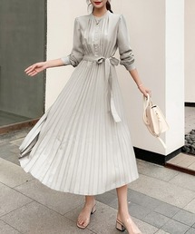 SEU（エスイーユー）の「ウエストリボン パーティードレス Aラインミモレ丈 ロングプリーツワンピース オフィスカジュアル きれいめカジュアル（ワンピース）」