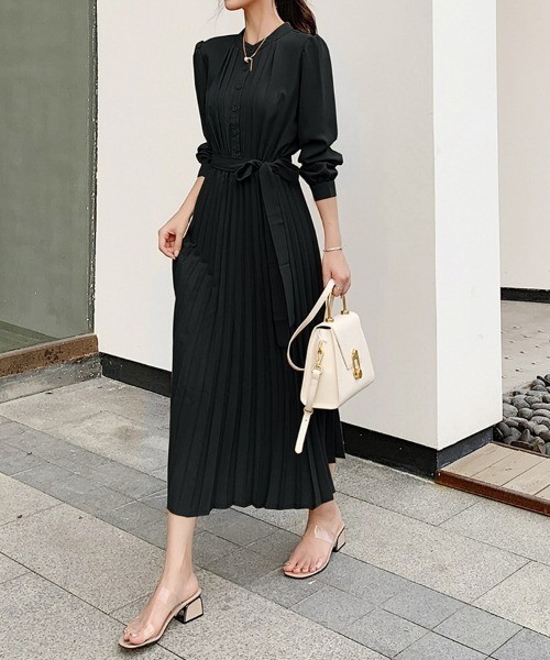 SEU（エスイーユー）の「ウエストリボン パーティードレス Aラインミモレ丈 ロングプリーツワンピース オフィスカジュアル きれいめカジュアル（ワンピース・レディース・キャメル/ベージュ/ネイビー/グレー/ブラック・フリー）」の7枚目の写真