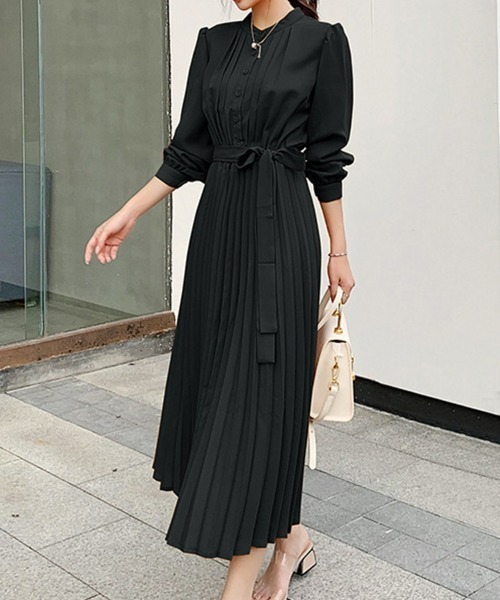 SEU（エスイーユー）の「ウエストリボン パーティードレス Aラインミモレ丈 ロングプリーツワンピース オフィスカジュアル きれいめカジュアル（ワンピース・レディース・キャメル/ベージュ/ネイビー/グレー/ブラック・フリー）」の9枚目の写真