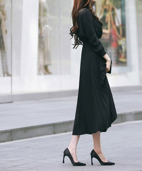 SEU（エスイーユー）の「ウエストリボン パーティードレス Aラインミモレ丈 ロングプリーツワンピース オフィスカジュアル きれいめカジュアル（ワンピース・レディース・キャメル/ベージュ/ネイビー/グレー/ブラック・フリー）」の13枚目の写真