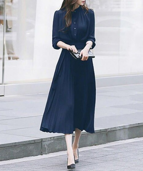 SEU（エスイーユー）の「ウエストリボン パーティードレス Aラインミモレ丈 ロングプリーツワンピース オフィスカジュアル きれいめカジュアル（ワンピース・レディース・キャメル/ベージュ/ネイビー/グレー/ブラック・フリー）」の17枚目の写真