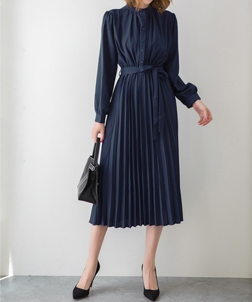 SEU（エスイーユー）の「ウエストリボン パーティードレス Aラインミモレ丈 ロングプリーツワンピース オフィスカジュアル きれいめカジュアル（ワンピース・レディース・キャメル/ベージュ/ネイビー/グレー/ブラック・フリー）」の18枚目の写真