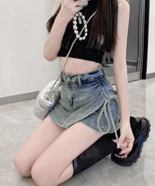 Miniministore（ミニミニストア）の「サイドリボンデニムショートパンツスカート（デニムパンツ・レディース・ブルー・L/S/XL/M）」の3枚目の写真