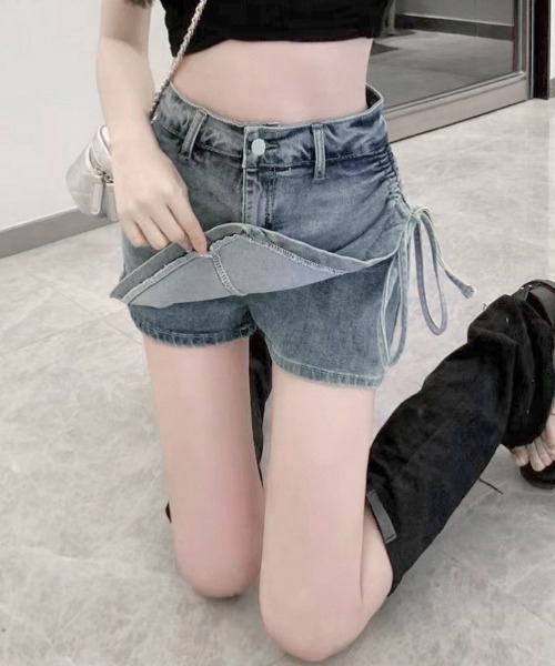Miniministore（ミニミニストア）の「サイドリボンデニムショートパンツスカート（デニムパンツ・レディース・ブルー・L/S/XL/M）」の4枚目の写真