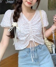 小花柄フロントドロストシャーリングブラウス