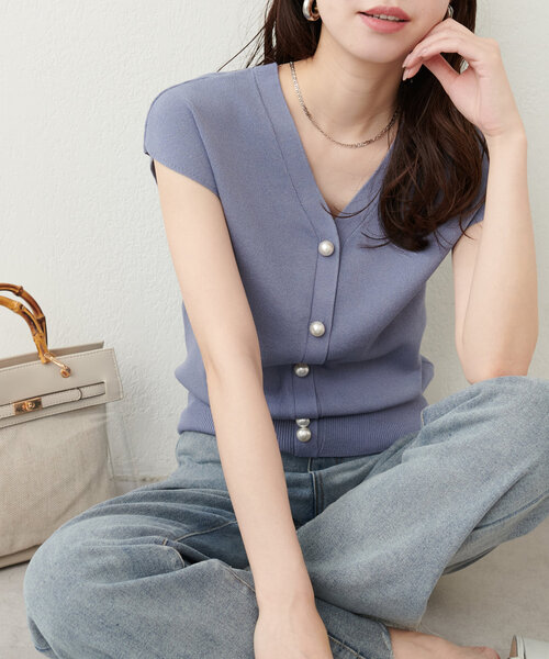 新品❤️VALENTINO ROMA アンゴラ　ノースリーブニット　パール　高級 セール】 【日本製／洗える】ミラノリブ 肩ボタンプルオーバー