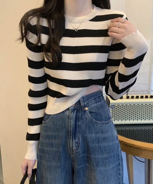 2ly2(トゥーリートゥー)の「大人カジュアル♪ボーダーリブニットトップス(ニット/セーター・レディース・アイボリー/ブラック/ブラウン・FREE)」の11枚目の写真