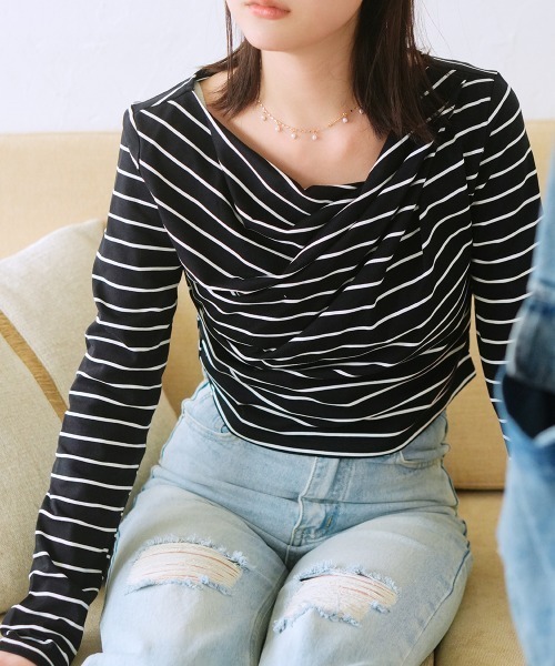 Rejoule(リジュール)の「ドレープデザイン ロングスリーブボーダートップス(Tシャツ/カットソー・レディース・ホワイト×ブラック/ブラック×ホワイト・FREE)」の1枚目の写真