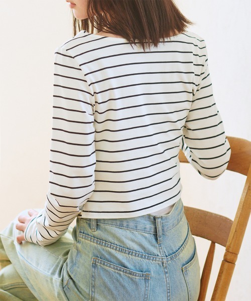 Rejoule(リジュール)の「ドレープデザイン ロングスリーブボーダートップス(Tシャツ/カットソー・レディース・ホワイト×ブラック/ブラック×ホワイト・FREE)」の5枚目の写真