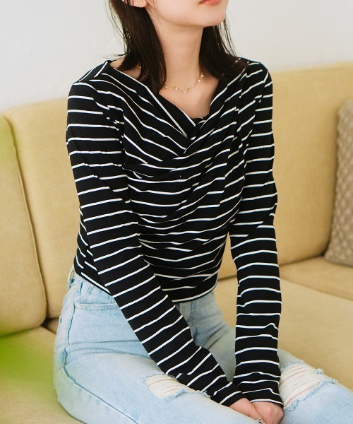 Rejoule(リジュール)の「ドレープデザイン ロングスリーブボーダートップス(Tシャツ/カットソー・レディース・ホワイト×ブラック/ブラック×ホワイト・FREE)」の7枚目の写真
