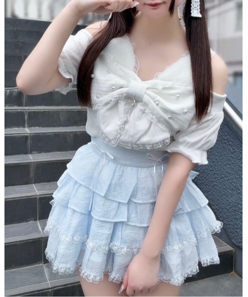 Ank Rouge(アンクルージュ)の「リボンネコちゃんオフショルテレコTOPS(Tシャツ/カットソー・レディース・ブラック/ホワイト/ピンク・M)」の2枚目の写真