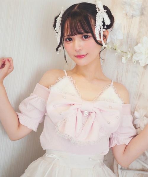 Ank Rouge(アンクルージュ)の「リボンネコちゃんオフショルテレコTOPS(Tシャツ/カットソー・レディース・ブラック/ホワイト/ピンク・M)」の3枚目の写真