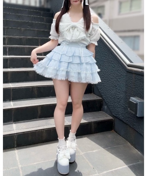 Ank Rouge(アンクルージュ)の「リボンネコちゃんオフショルテレコTOPS(Tシャツ/カットソー・レディース・ブラック/ホワイト/ピンク・M)」の4枚目の写真