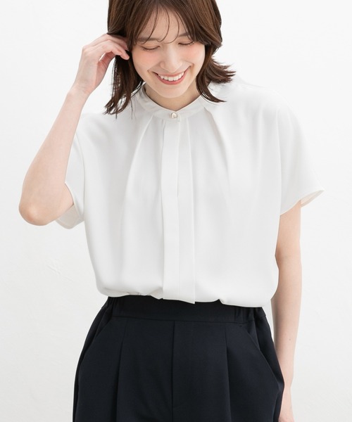Honeys（ハニーズ）の「バンドカラーブラウス（シャツ/ブラウス・レディース・ネイビー/ホワイト/オレンジ/ブルーグリーン/グレイッシュベージュ・S/M/L/LL/3L）」の9枚目の写真