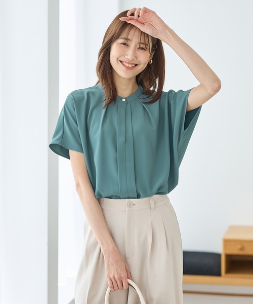 Honeys（ハニーズ）の「バンドカラーブラウス（シャツ/ブラウス・レディース・ネイビー/ホワイト/オレンジ/ブルーグリーン/グレイッシュベージュ・S/M/L/LL/3L）」の14枚目の写真