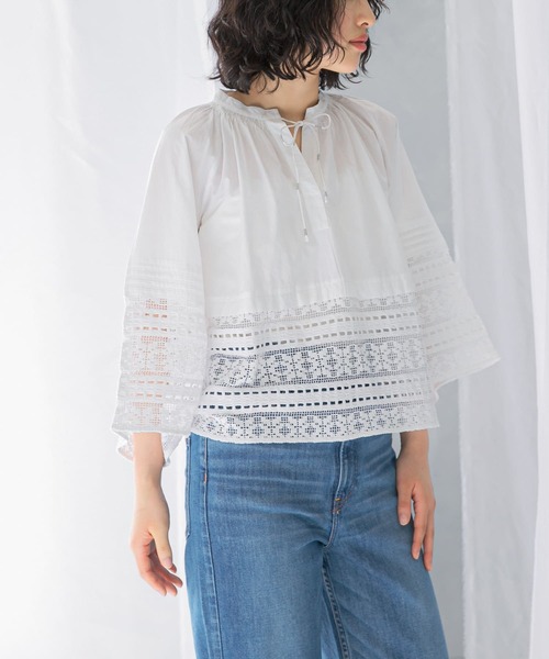 sara mallika COTTON BORDER GATHER LACE TOP（シャツ/ブラウス