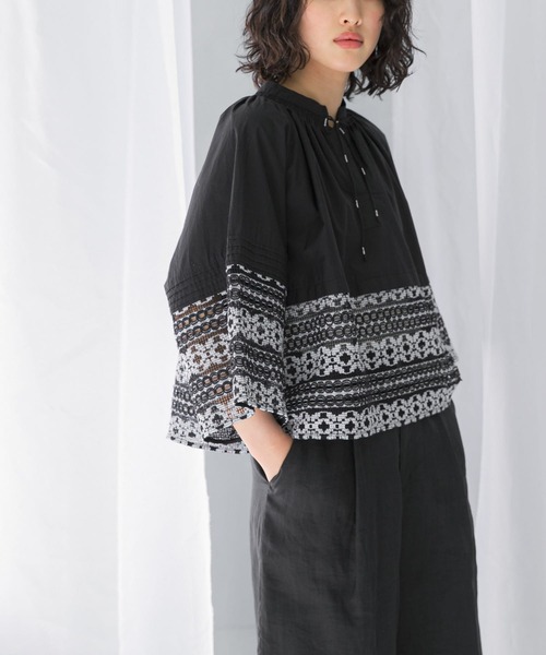 セール】sara mallika COTTON BORDER GATHER LACE TOP（シャツ