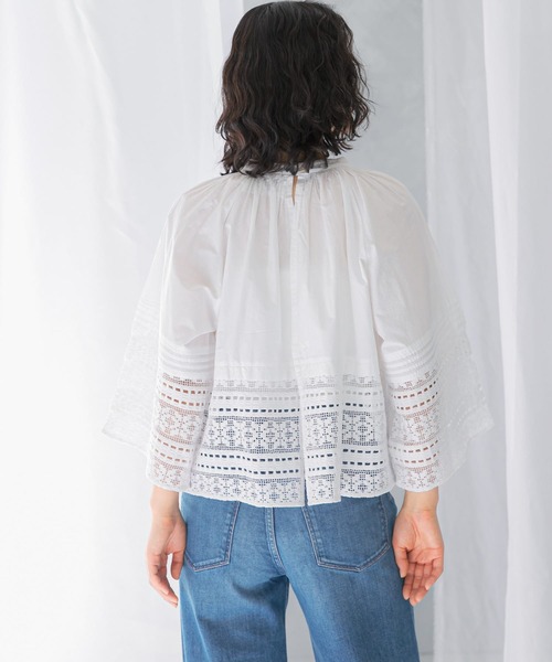 セール】sara mallika COTTON BORDER GATHER LACE TOP（シャツ