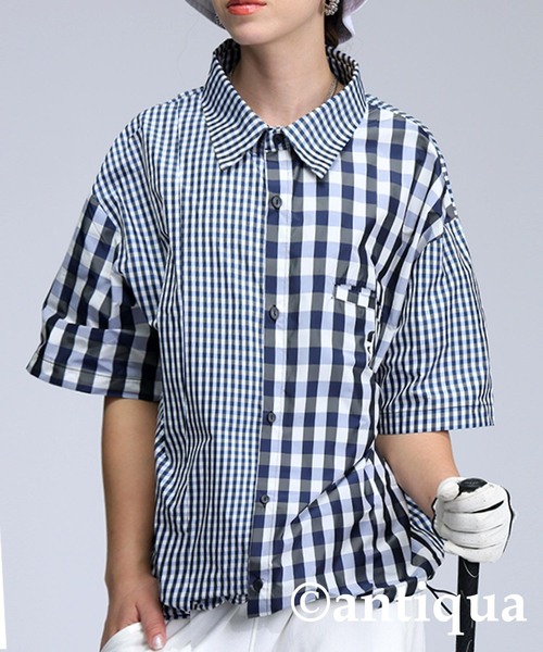 antiqua(アンティカ)の「【STCH】ミックスチェックシャツ(シャツ/ブラウス・レディース・ネイビー/グリーン/ブラック・ML/LXL)」の3枚目の写真