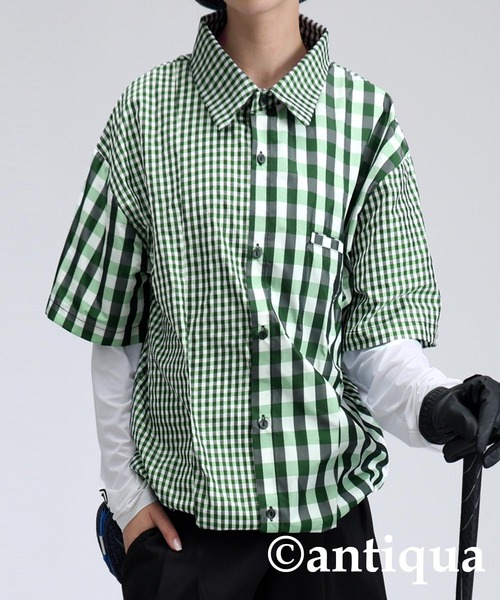 antiqua(アンティカ)の「【STCH】ミックスチェックシャツ(シャツ/ブラウス・レディース・ネイビー/グリーン/ブラック・ML/LXL)」の1枚目の写真