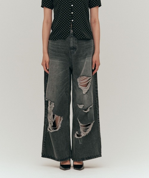 YOOU(ユー)の「ダメージデニムパンツ/クラッシュデザイン × ワイドシルエット(デニムパンツ・レディース・ブラック/ブルー・S/M)」の22枚目の写真