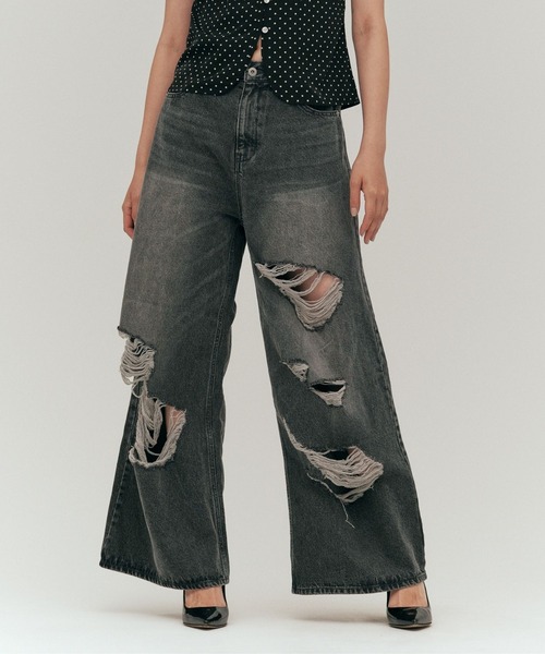 YOOU(ユー)の「ダメージデニムパンツ/クラッシュデザイン × ワイドシルエット(デニムパンツ・レディース・ブラック/ブルー・S/M)」の21枚目の写真