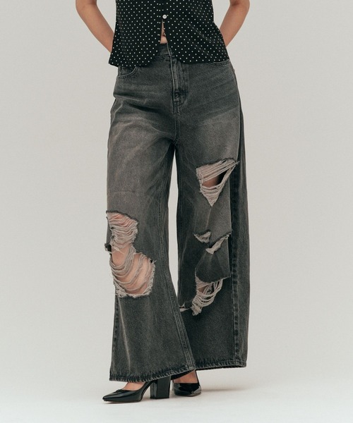 YOOU(ユー)の「ダメージデニムパンツ/クラッシュデザイン × ワイドシルエット(デニムパンツ・レディース・ブラック/ブルー・S/M)」の20枚目の写真