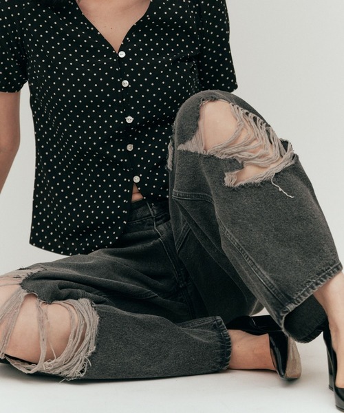 YOOU(ユー)の「ダメージデニムパンツ/クラッシュデザイン × ワイドシルエット(デニムパンツ・レディース・ブラック/ブルー・S/M)」の15枚目の写真