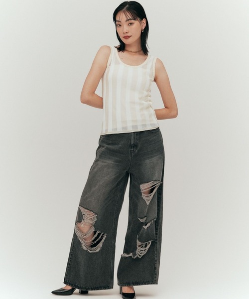 YOOU(ユー)の「ダメージデニムパンツ/クラッシュデザイン × ワイドシルエット(デニムパンツ・レディース・ブラック/ブルー・S/M)」の14枚目の写真