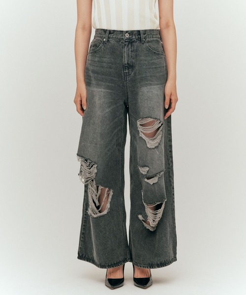 YOOU(ユー)の「ダメージデニムパンツ/クラッシュデザイン × ワイドシルエット(デニムパンツ・レディース・ブラック/ブルー・S/M)」の13枚目の写真