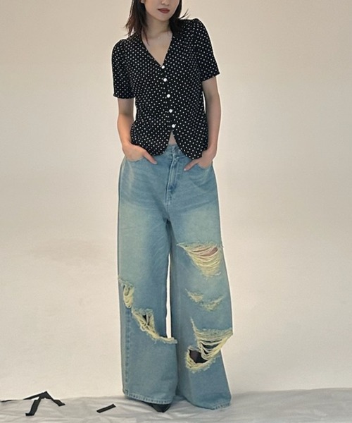 YOOU(ユー)の「ダメージデニムパンツ/クラッシュデザイン × ワイドシルエット(デニムパンツ・レディース・ブラック/ブルー・S/M)」の3枚目の写真