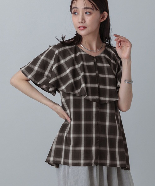 GLOBAL WORK（グローバルワーク）の「MATINEE LINE/チェックフリルスリーブシャツ/495657（シャツ/ブラウス・レディース・ダークブラウン/ブラック/オフホワイト・LARGE/MEDIUM）」の2枚目の写真