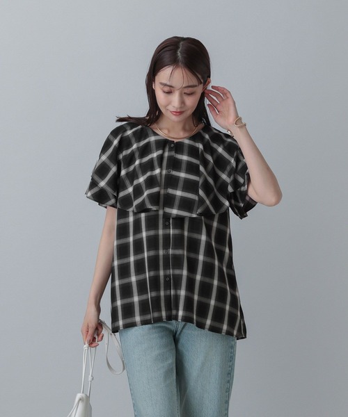 GLOBAL WORK（グローバルワーク）の「MATINEE LINE/チェックフリルスリーブシャツ/495657（シャツ/ブラウス・レディース・ダークブラウン/ブラック/オフホワイト・LARGE/MEDIUM）」の16枚目の写真