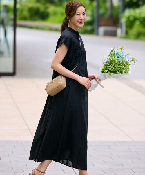 23区 ワンピース ニジュウサンク 「滝沢眞規子さん着用&frasl;一部店舗 一部店舗限定&frasl;接触冷感&frasl;洗えるラミータンブラー フレンチスリーブ ニジュウサンク 23区 ワンピース サイズ46 XL ダークネイビー×アイボリー×マルチ レディース シースルー