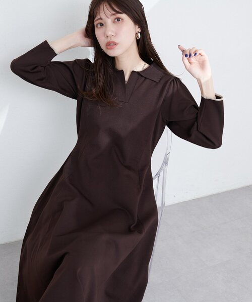 natural couture（ナチュラルクチュール）の「osono配色スキッパー衿ニットワンピース（ワンピース・レディース・ダークブラウン/ブラック/ボルドー/ブルー・SMALL/FREE）」の22枚目の写真
