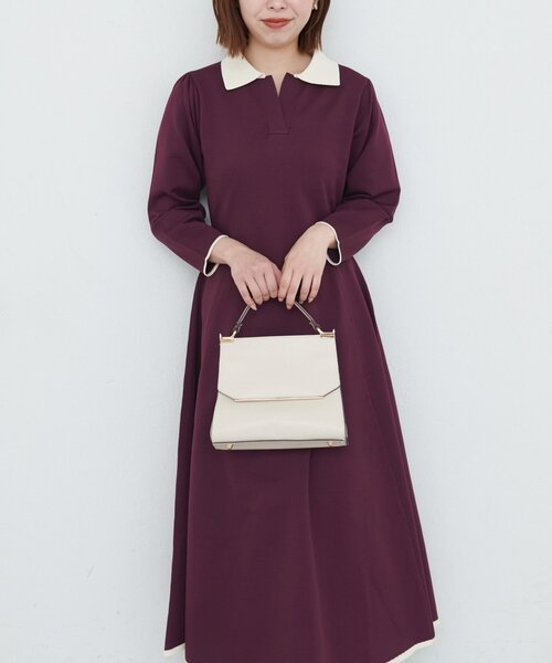 natural couture（ナチュラルクチュール）の「osono配色スキッパー衿ニットワンピース（ワンピース・レディース・ダークブラウン/ブラック/ボルドー/ブルー・SMALL/FREE）」の17枚目の写真