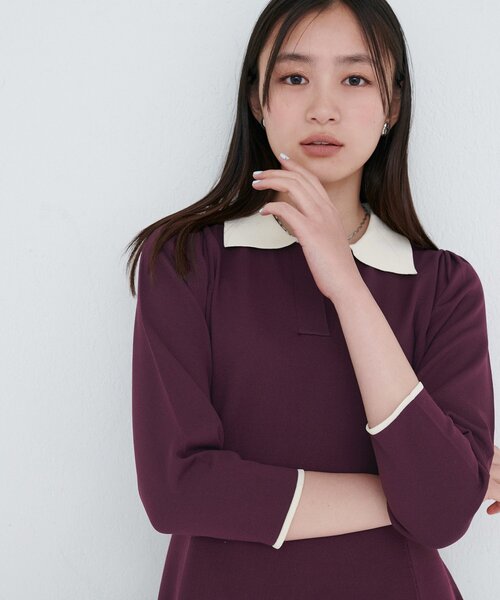 natural couture（ナチュラルクチュール）の「osono配色スキッパー衿ニットワンピース（ワンピース・レディース・ダークブラウン/ブラック/ボルドー/ブルー・SMALL/FREE）」の12枚目の写真