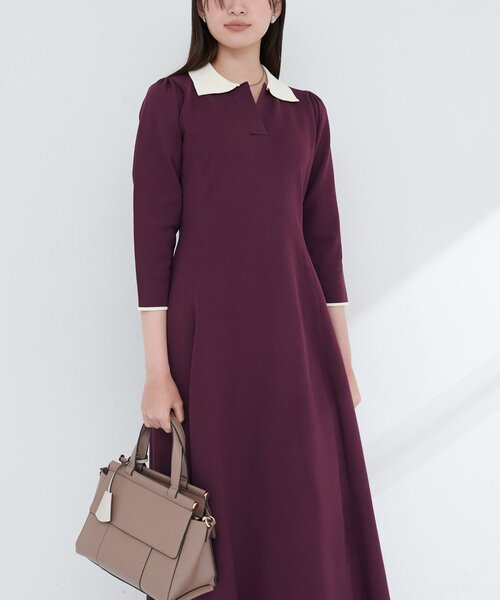 natural couture（ナチュラルクチュール）の「osono配色スキッパー衿ニットワンピース（ワンピース・レディース・ダークブラウン/ブラック/ボルドー/ブルー・SMALL/FREE）」の11枚目の写真