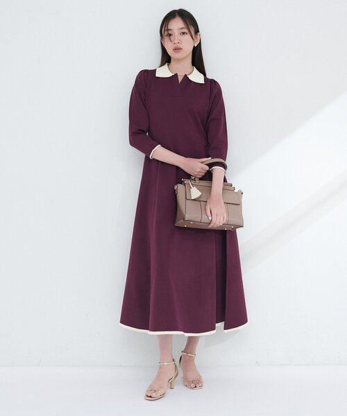 natural couture（ナチュラルクチュール）の「osono配色スキッパー衿ニットワンピース（ワンピース・レディース・ダークブラウン/ブラック/ボルドー/ブルー・SMALL/FREE）」の7枚目の写真