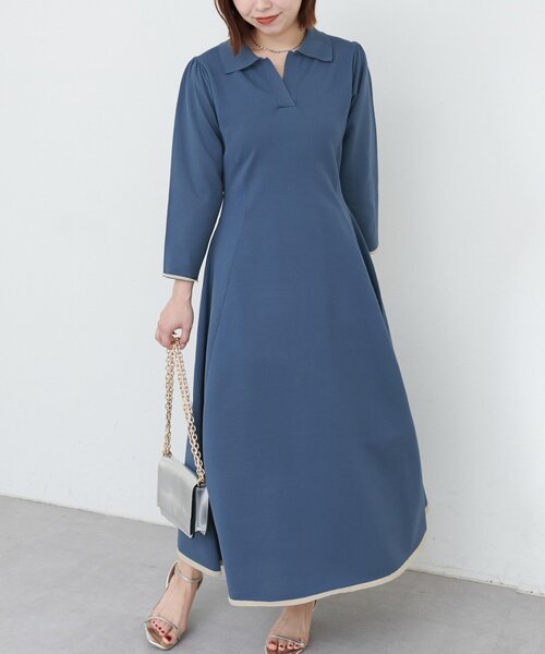 natural couture（ナチュラルクチュール）の「osono配色スキッパー衿ニットワンピース（ワンピース・レディース・ダークブラウン/ブラック/ボルドー/ブルー・SMALL/FREE）」の3枚目の写真