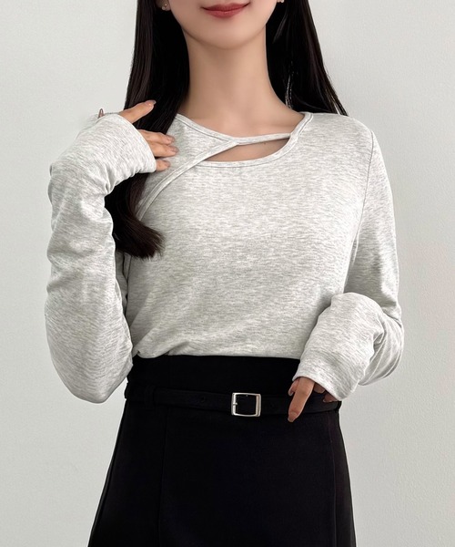 CENEA(セネア)の「薄手カットアウトデザインカットソー(Tシャツ/カットソー・レディース・チャコール/ブラック/杢グレー・SMALL/MEDIUM/LARGE)」の1枚目の写真