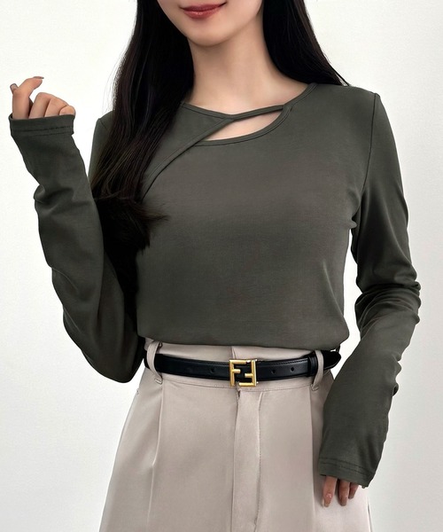 CENEA(セネア)の「薄手カットアウトデザインカットソー(Tシャツ/カットソー・レディース・チャコール/ブラック/杢グレー・SMALL/MEDIUM/LARGE)」の3枚目の写真