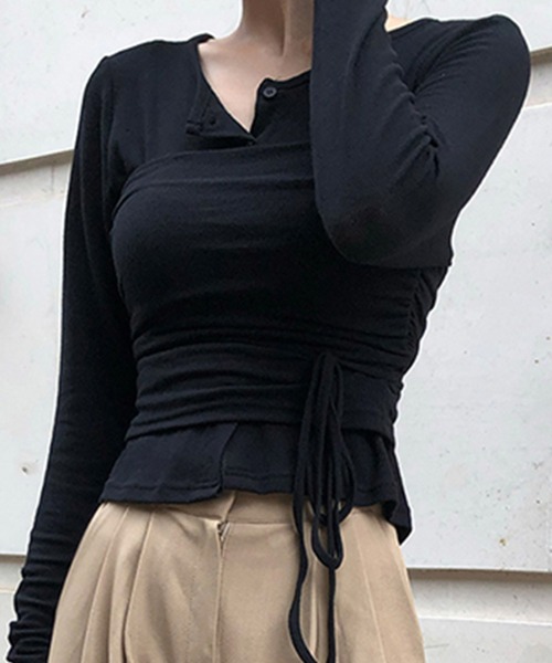 Girly Doll(ガーリードール)の「カーディガンとチューブトップビスチェ 2枚セット(Tシャツ/カットソー・レディース・ブラック/アイボリー/レッド/モカ・F)」の2枚目の写真