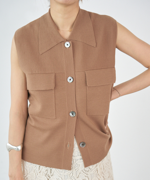 セール】ハイツイストウールシルク 襟付きノースリーブ（ニット